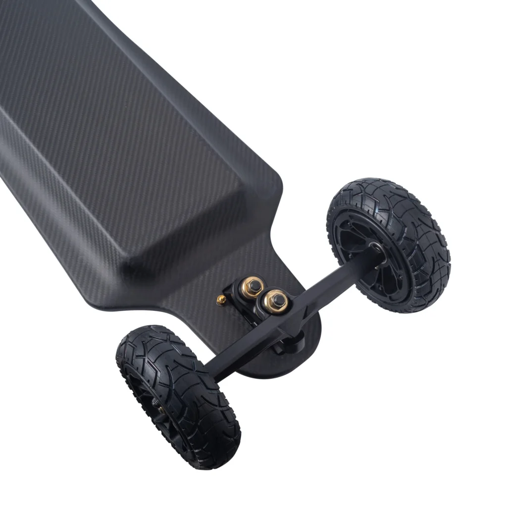 Carbon-fiber deck finish and front assembly of the Lycaon TRX electric skateboard