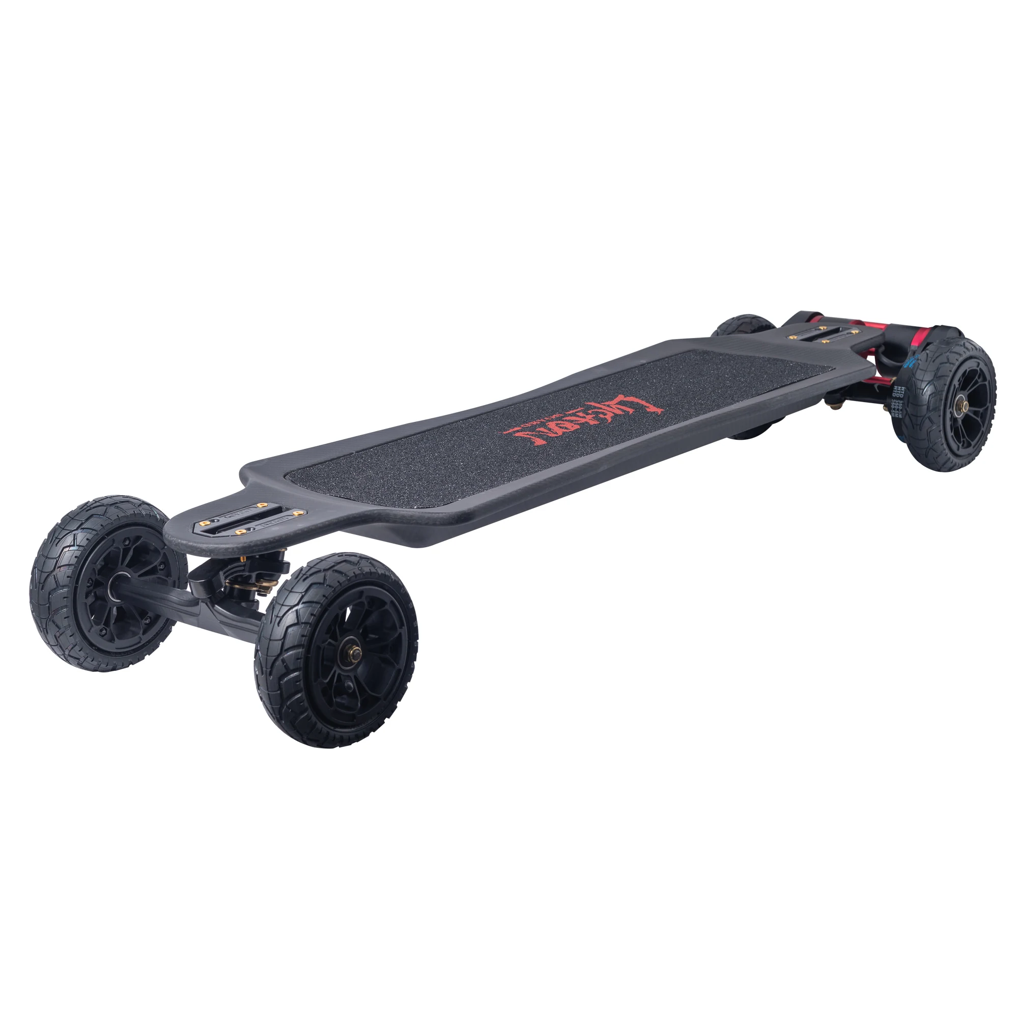 Lycaon TRX carbon-fiber electric skateboard, three-quarter top view